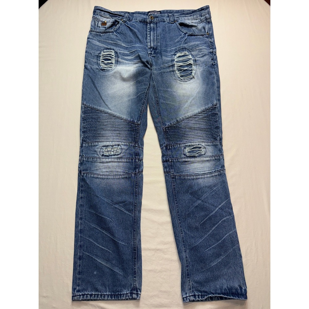 Parish Nation Mens Moto Distressed Jeans Blue Denim Ripped‎ Size 40x32